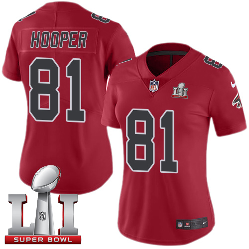 Nike Falcons #81 Austin Hooper Red Super Bowl LI 51 Women's Stitched NFL Limited Rush Jersey